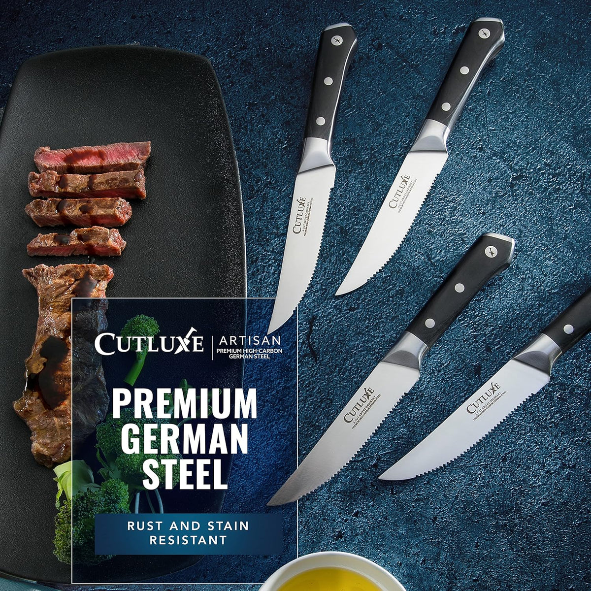 Steak Knives Set of 4 – Serrated Forged German Steel | Full Tang Ergonomic Handle Design, High Carbon Blades – Artisan Series, Razor Sharp