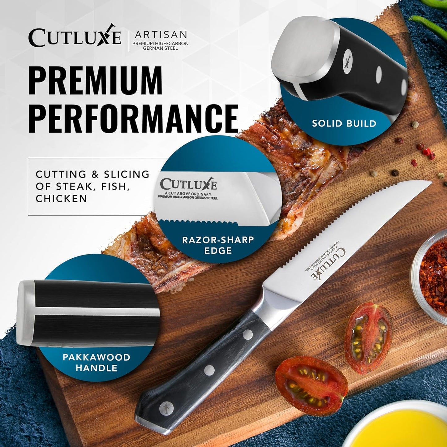Steak Knives Set of 4 – Serrated Forged German Steel | Full Tang Ergonomic Handle Design, High Carbon Blades – Artisan Series, Razor Sharp