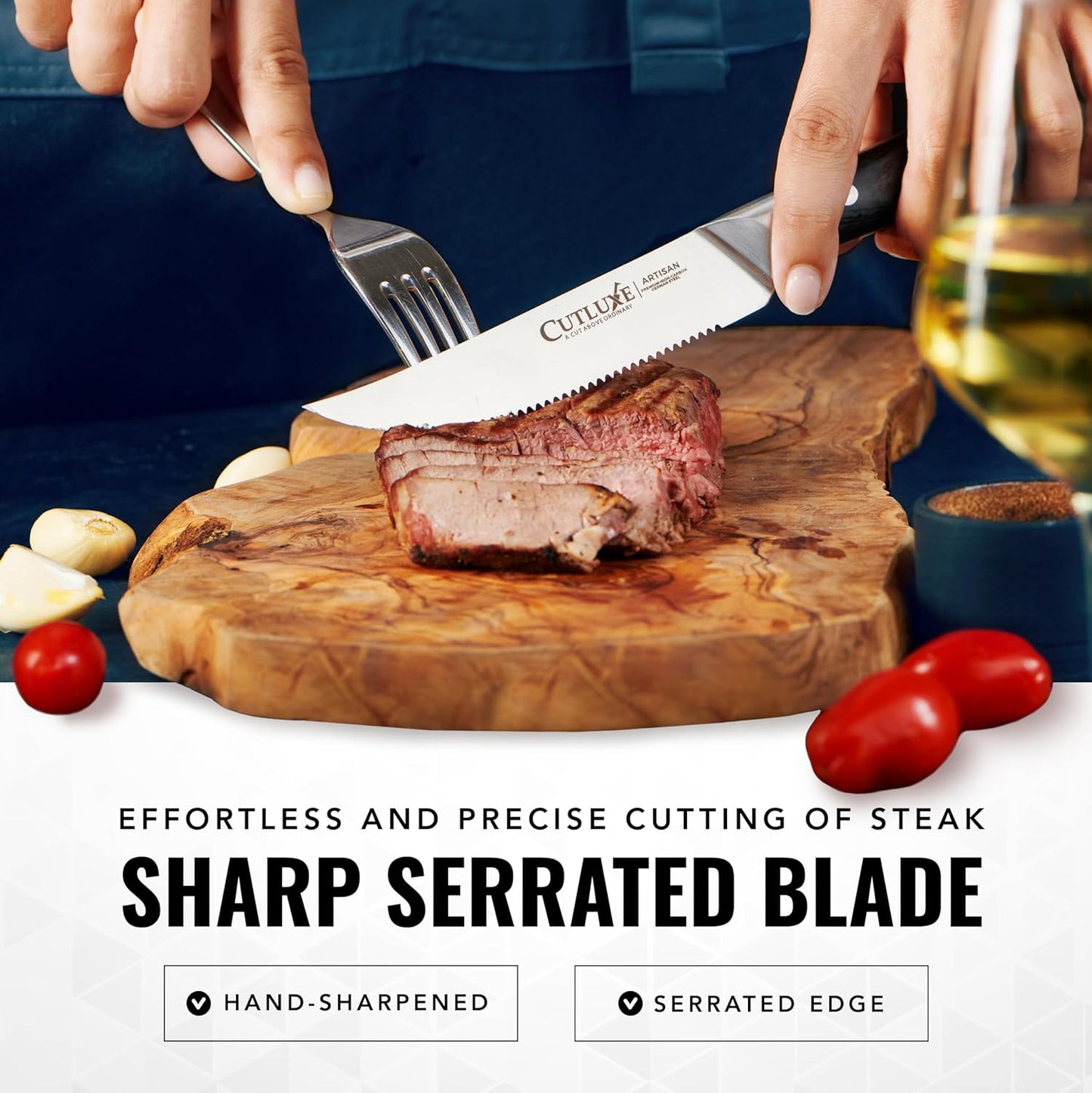 Steak Knives Set of 4 – Serrated Forged German Steel | Full Tang Ergonomic Handle Design, High Carbon Blades – Artisan Series, Razor Sharp