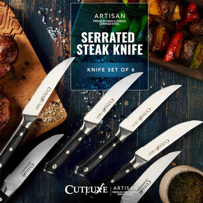 Steak Knives Set of 4 – Serrated Forged German Steel | Full Tang Ergonomic Handle Design, High Carbon Blades – Artisan Series, Razor Sharp