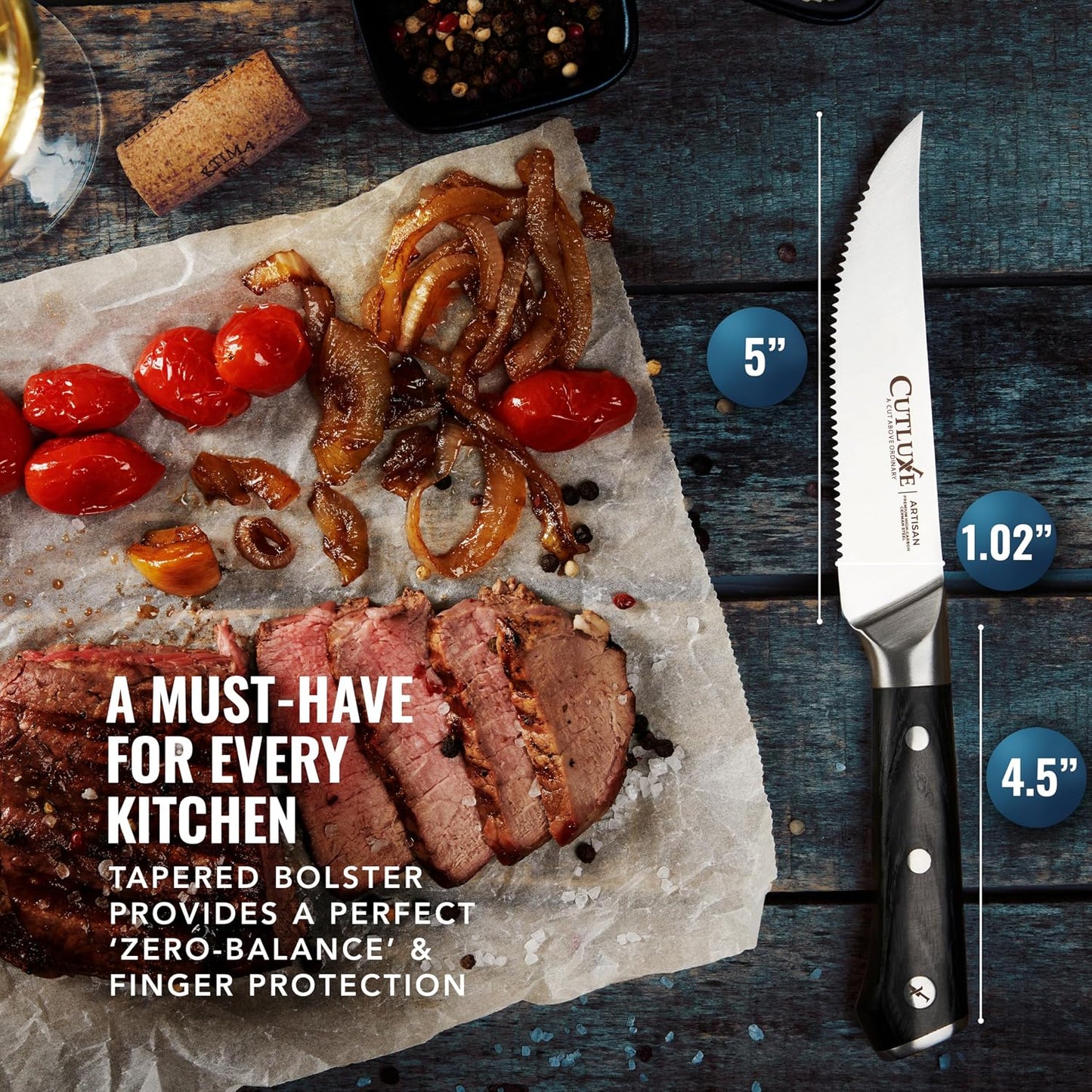 Steak Knives Set of 4 – Serrated Forged German Steel | Full Tang Ergonomic Handle Design, High Carbon Blades – Artisan Series, Razor Sharp