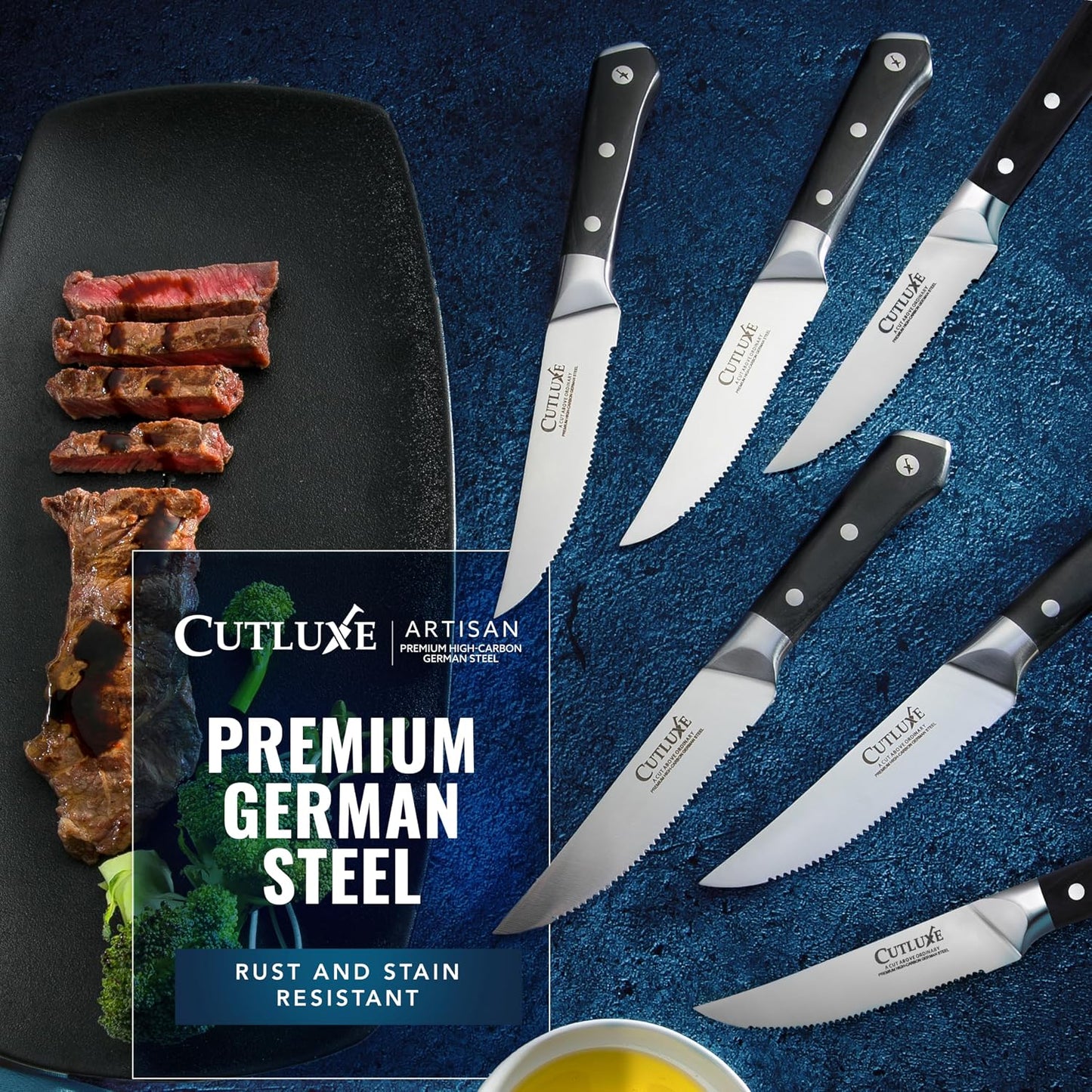 Steak Knives Set of 4 – Serrated Forged German Steel | Full Tang Ergonomic Handle Design, High Carbon Blades – Artisan Series, Razor Sharp