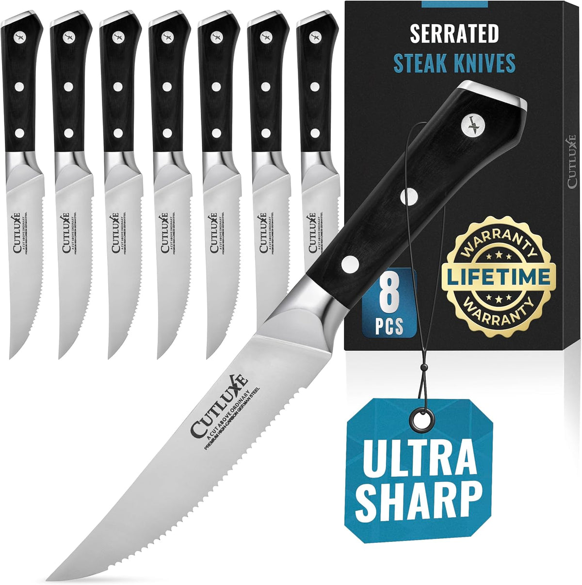 Steak Knives Set of 4 – Serrated Forged German Steel | Full Tang Ergonomic Handle Design, High Carbon Blades – Artisan Series, Razor Sharp