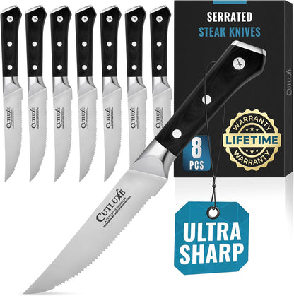 Steak Knives Set of 4 – Serrated Forged German Steel | Full Tang Ergonomic Handle Design, High Carbon Blades – Artisan Series, Razor Sharp