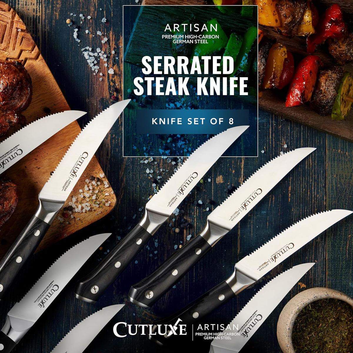 Steak Knives Set of 4 – Serrated Forged German Steel | Full Tang Ergonomic Handle Design, High Carbon Blades – Artisan Series, Razor Sharp