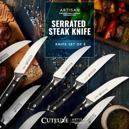 Steak Knives Set of 4 – Serrated Forged German Steel | Full Tang Ergonomic Handle Design, High Carbon Blades – Artisan Series, Razor Sharp