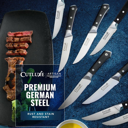 Steak Knives Set of 4 – Serrated Forged German Steel | Full Tang Ergonomic Handle Design, High Carbon Blades – Artisan Series, Razor Sharp