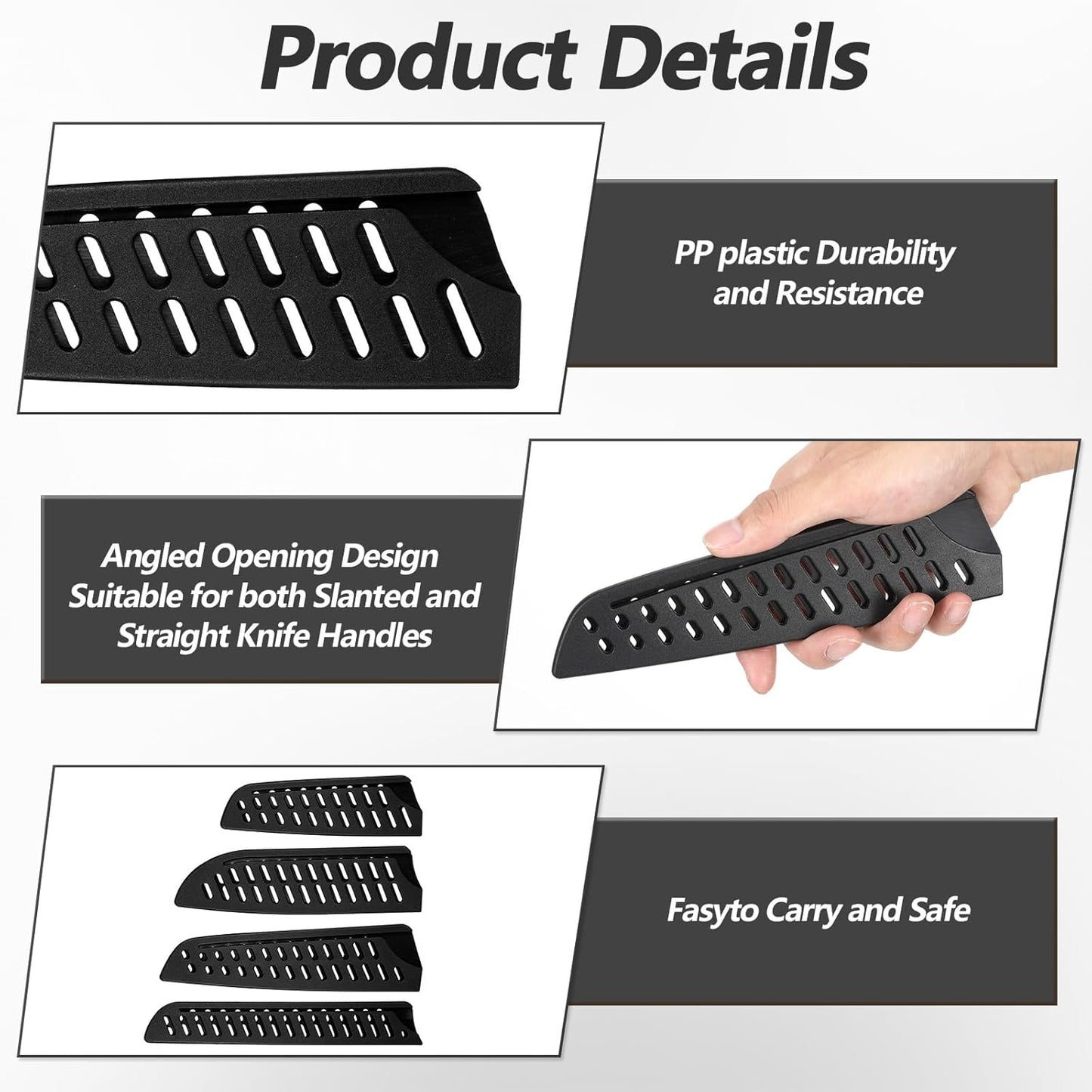 4PCS Plastic Knife Guard Set, Multi-Size Universal Knife Blade Covers for Kitchen, Plastic Knifies Edge Sheath for Paring Utility Bread Nakiri Chef Knives - Black