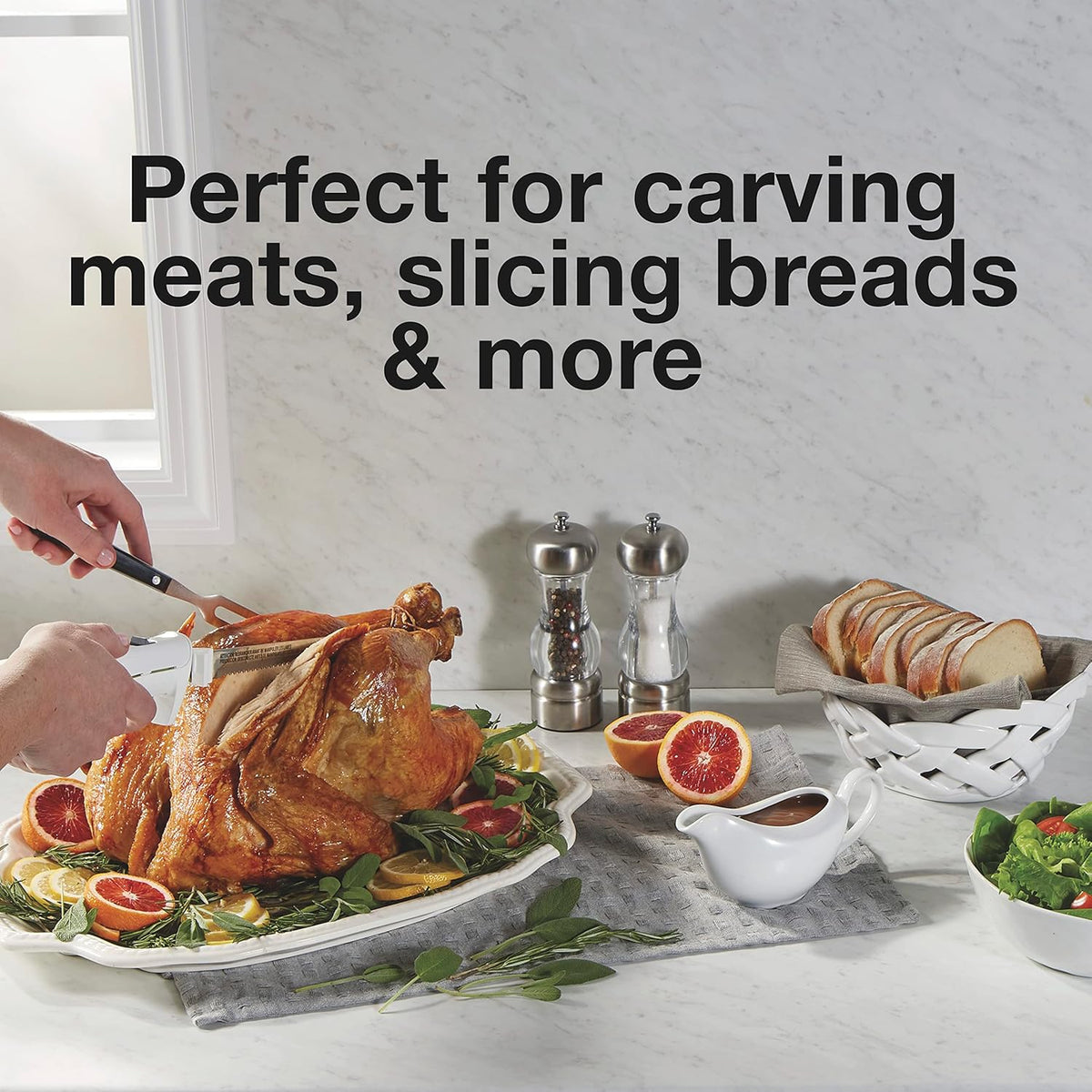 Easy Slice Electric Knife With Serrated Stainless Steel Blade | For Carving Meats, Bread, Crafting Foam & More | Lightweight With Ergonomic Grip | White | 74312J