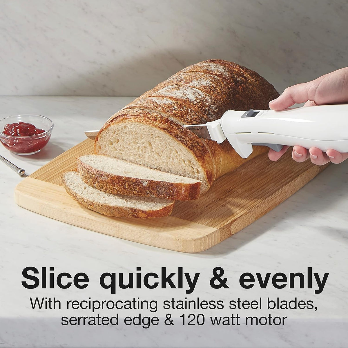 Easy Slice Electric Knife With Serrated Stainless Steel Blade | For Carving Meats, Bread, Crafting Foam & More | Lightweight With Ergonomic Grip | White | 74312J