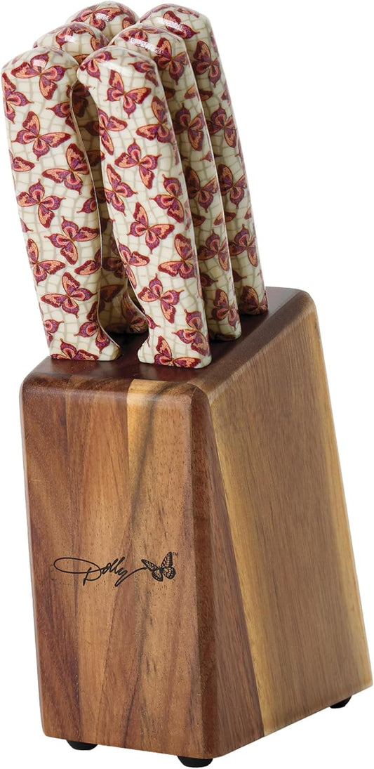 7-Piece Steak Knife Set with Pink Handles and Acacia Block for Storage