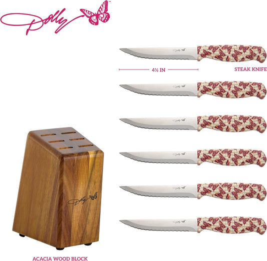 7-Piece Steak Knife Set with Pink Handles and Acacia Block for Storage