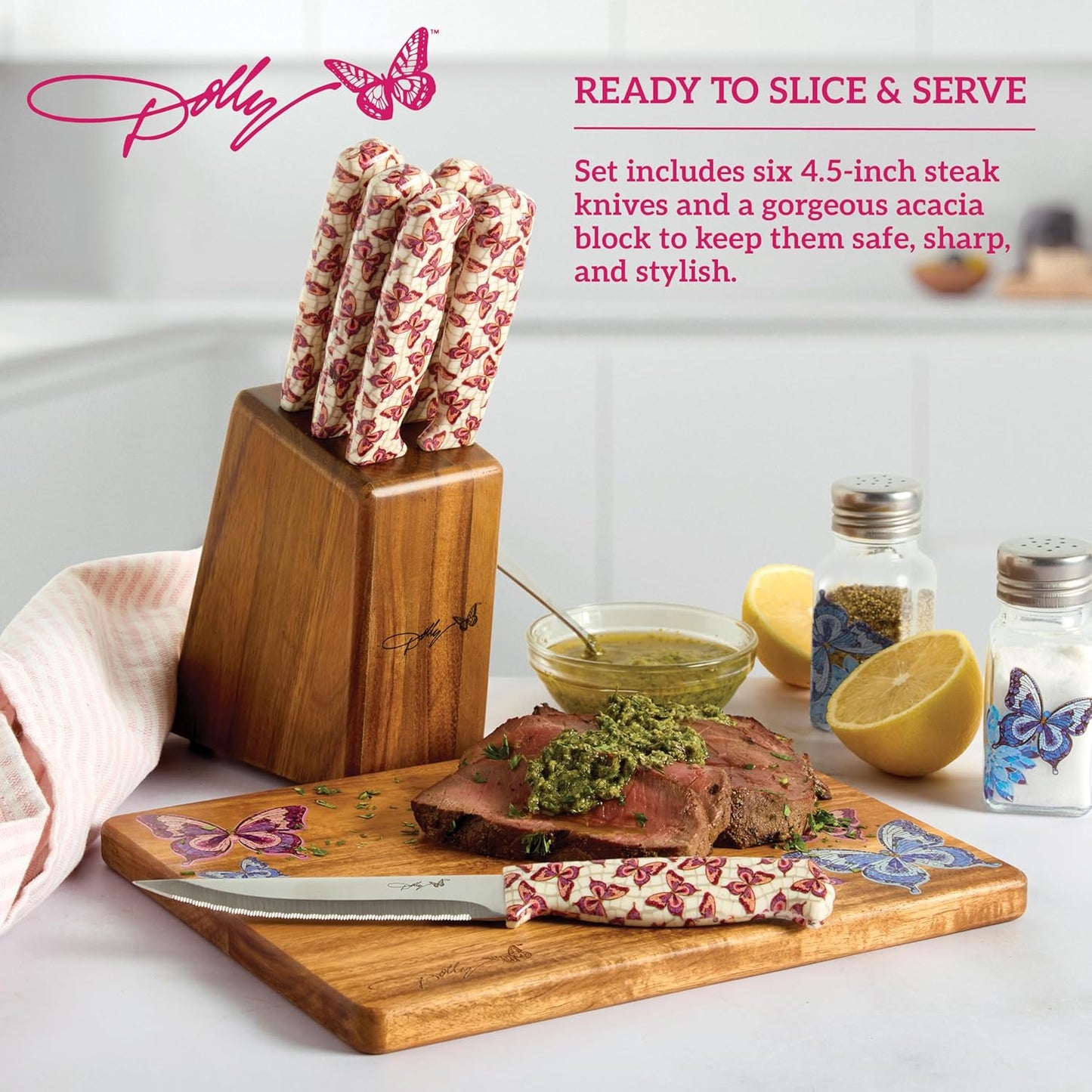 7-Piece Steak Knife Set with Pink Handles and Acacia Block for Storage