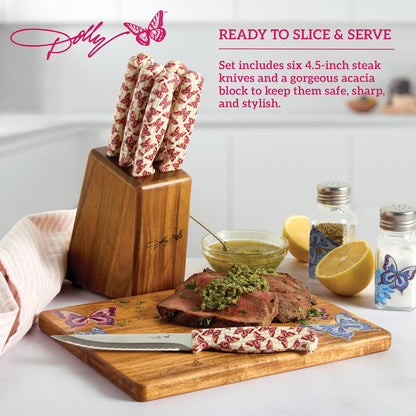 7-Piece Steak Knife Set with Pink Handles and Acacia Block for Storage