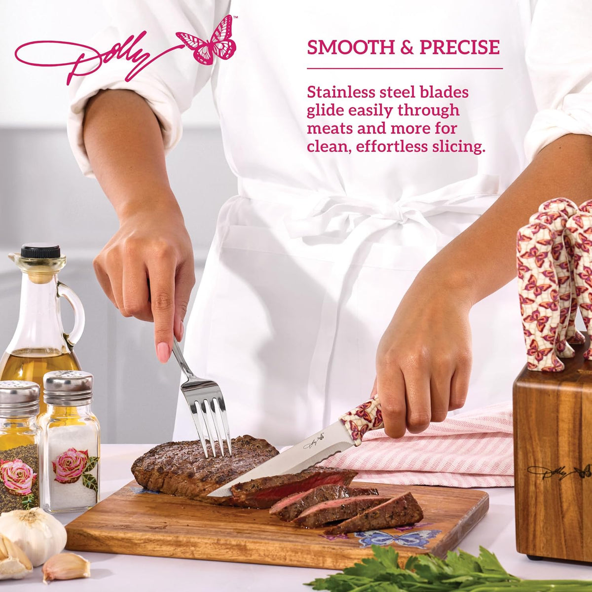 7-Piece Steak Knife Set with Pink Handles and Acacia Block for Storage