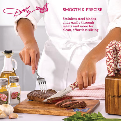 7-Piece Steak Knife Set with Pink Handles and Acacia Block for Storage