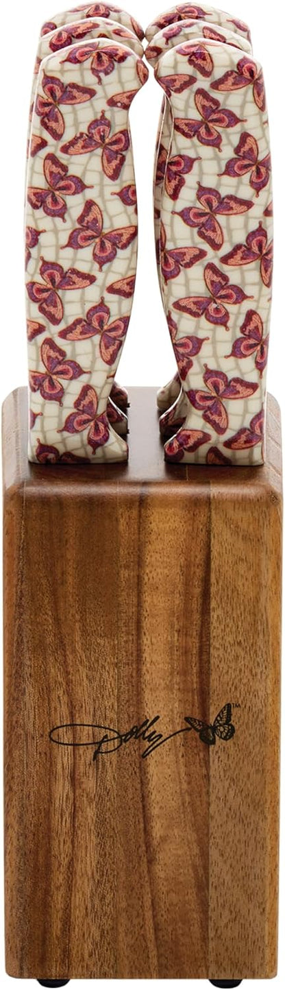 7-Piece Steak Knife Set with Pink Handles and Acacia Block for Storage