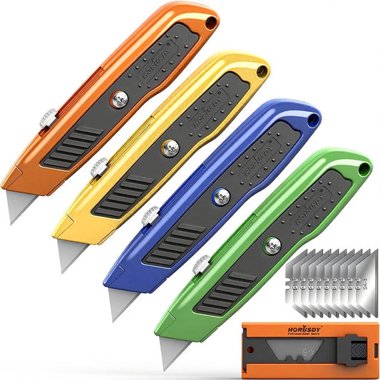 4-Pack Box Cutter Utility Knife, Heavy Duty Aluminum Shell Retractable Box Cutter for Cardboard, Boxes and Cartons, Extra 10 Blades