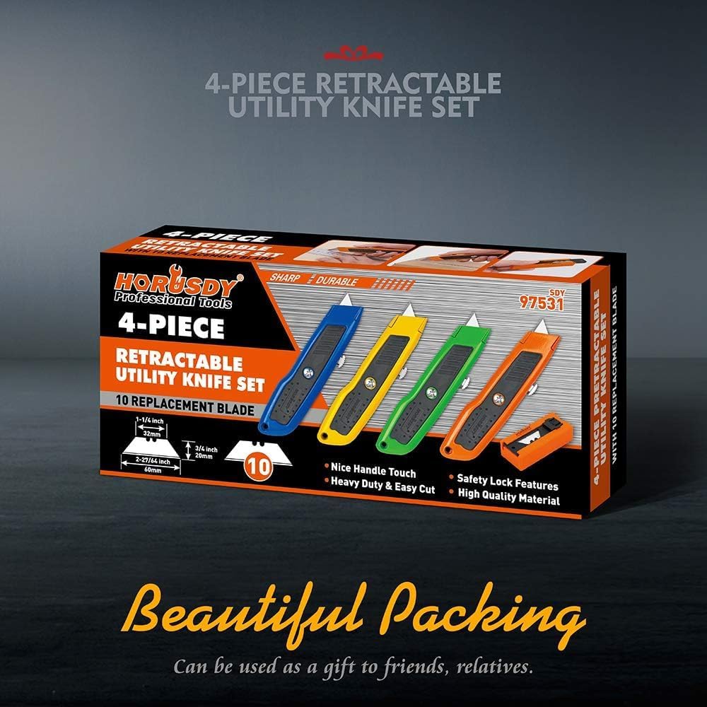 4-Pack Box Cutter Utility Knife, Heavy Duty Aluminum Shell Retractable Box Cutter for Cardboard, Boxes and Cartons, Extra 10 Blades
