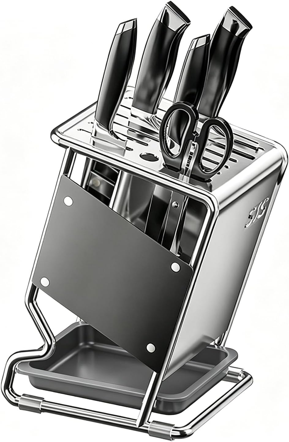 Stainless Steel Knife Block without Knives, Knife Storage with 9 Slot, Universal Knife Holder with Removable Drip Tray, Butcher Block Knife Stand for Easy Kitchen Storage, Gray