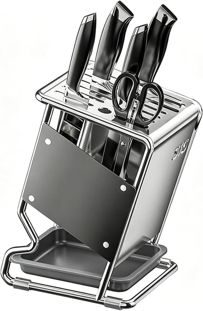 Stainless Steel Knife Block without Knives, Knife Storage with 9 Slot, Universal Knife Holder with Removable Drip Tray, Butcher Block Knife Stand for Easy Kitchen Storage, Gray