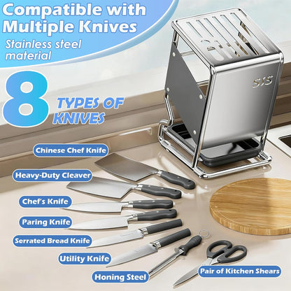 Stainless Steel Knife Block without Knives, Knife Storage with 9 Slot, Universal Knife Holder with Removable Drip Tray, Butcher Block Knife Stand for Easy Kitchen Storage, Gray