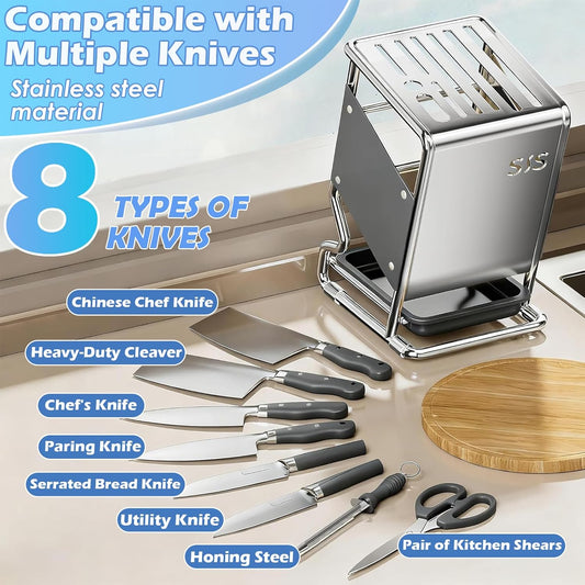 Stainless Steel Knife Block without Knives, Knife Storage with 9 Slot, Universal Knife Holder with Removable Drip Tray, Butcher Block Knife Stand for Easy Kitchen Storage, Gray