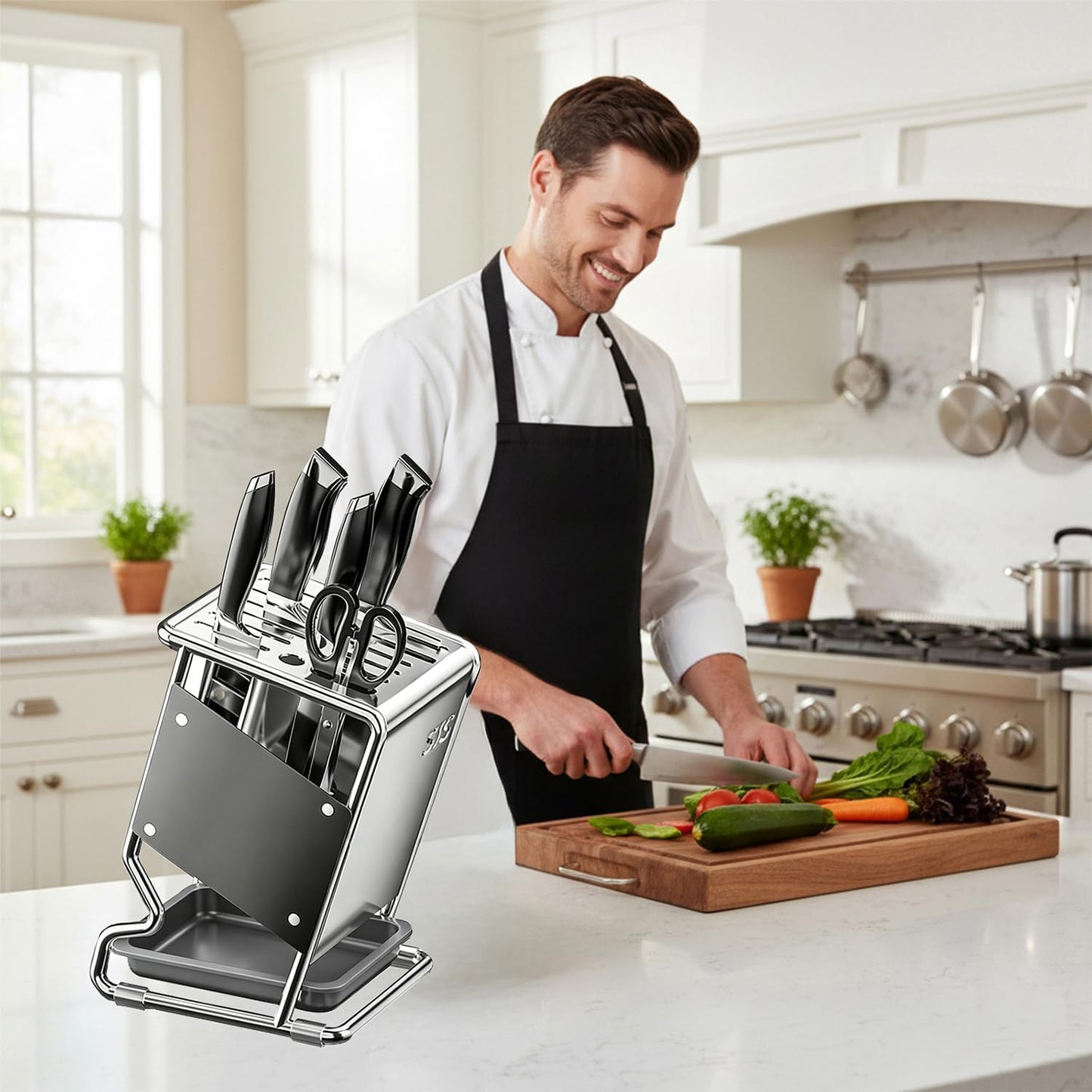 Stainless Steel Knife Block without Knives, Knife Storage with 9 Slot, Universal Knife Holder with Removable Drip Tray, Butcher Block Knife Stand for Easy Kitchen Storage, Gray