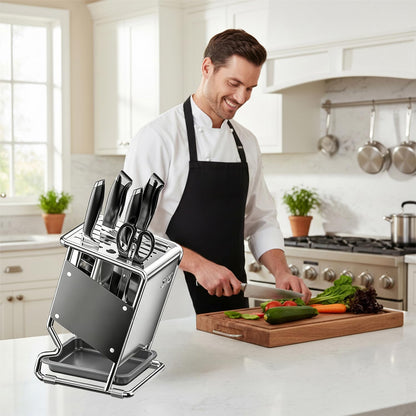Stainless Steel Knife Block without Knives, Knife Storage with 9 Slot, Universal Knife Holder with Removable Drip Tray, Butcher Block Knife Stand for Easy Kitchen Storage, Gray