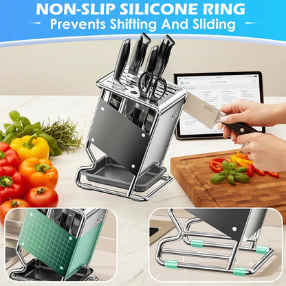 Stainless Steel Knife Block without Knives, Knife Storage with 9 Slot, Universal Knife Holder with Removable Drip Tray, Butcher Block Knife Stand for Easy Kitchen Storage, Gray
