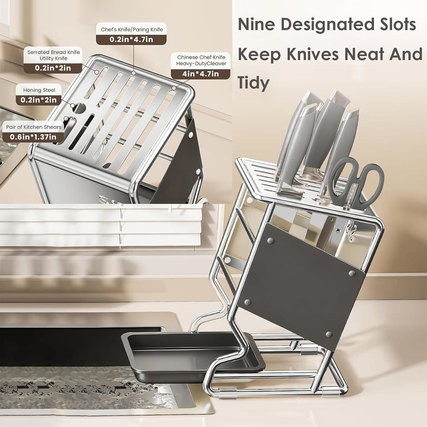 Stainless Steel Knife Block without Knives, Knife Storage with 9 Slot, Universal Knife Holder with Removable Drip Tray, Butcher Block Knife Stand for Easy Kitchen Storage, Gray