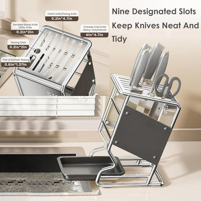 Stainless Steel Knife Block without Knives, Knife Storage with 9 Slot, Universal Knife Holder with Removable Drip Tray, Butcher Block Knife Stand for Easy Kitchen Storage, Gray