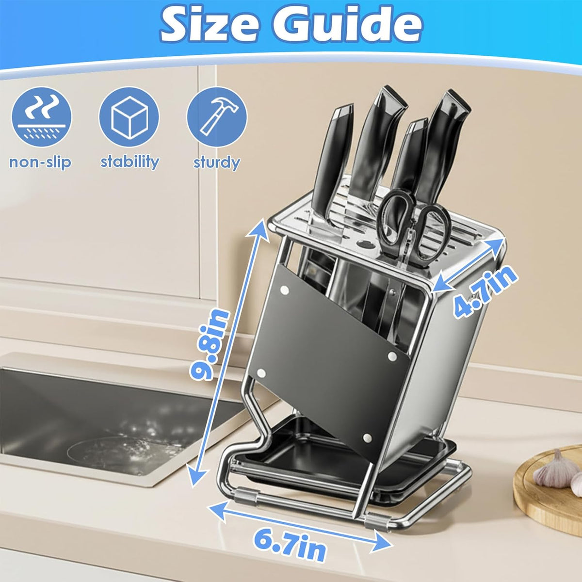 Stainless Steel Knife Block without Knives, Knife Storage with 9 Slot, Universal Knife Holder with Removable Drip Tray, Butcher Block Knife Stand for Easy Kitchen Storage, Gray