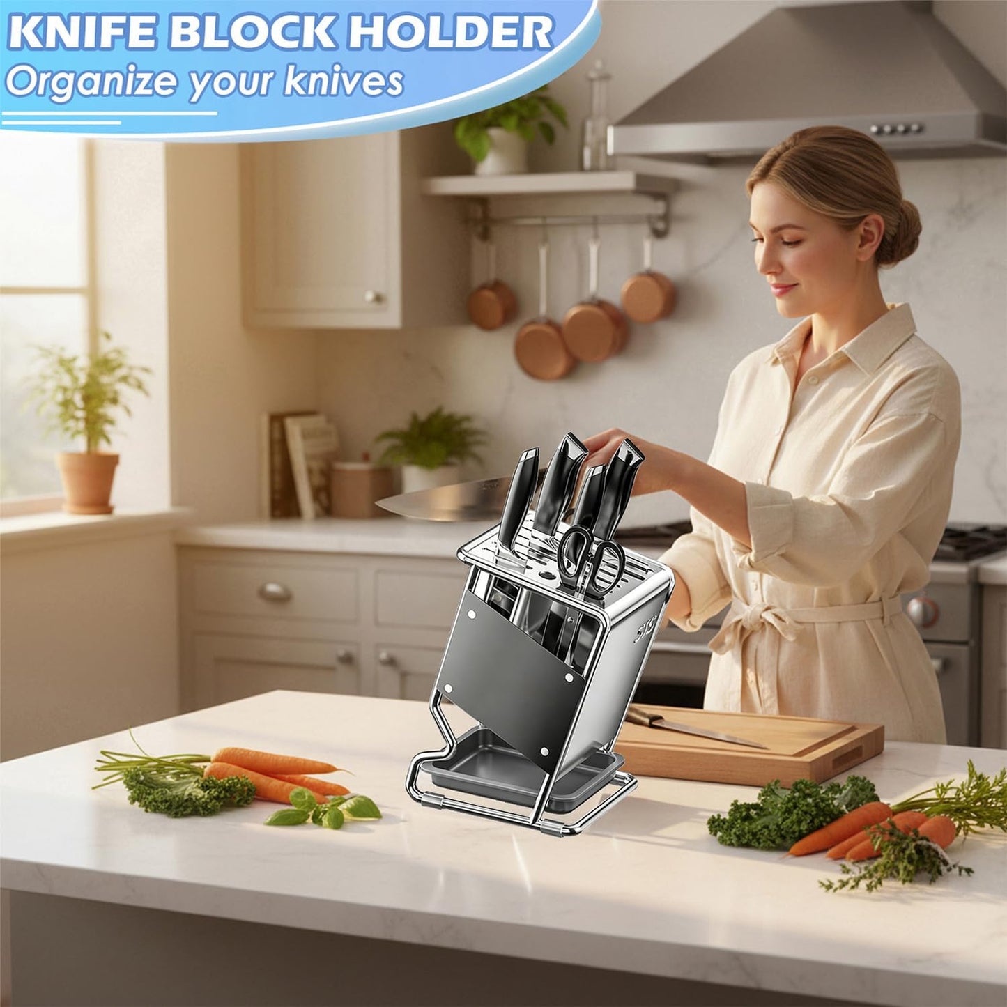 Stainless Steel Knife Block without Knives, Knife Storage with 9 Slot, Universal Knife Holder with Removable Drip Tray, Butcher Block Knife Stand for Easy Kitchen Storage, Gray