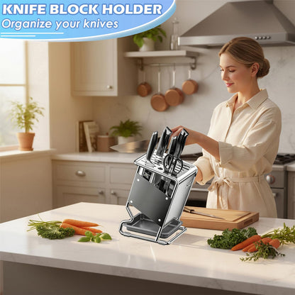 Stainless Steel Knife Block without Knives, Knife Storage with 9 Slot, Universal Knife Holder with Removable Drip Tray, Butcher Block Knife Stand for Easy Kitchen Storage, Gray