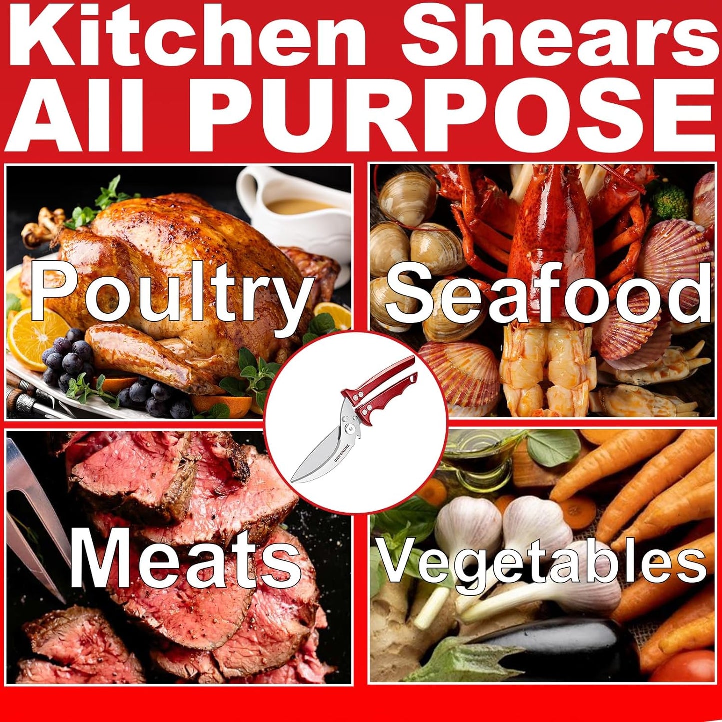 Heavy Duty Poultry Scissors - All Purpose Kitchen Shears for Chicken, Fish & Meat - Easily Separable, Dishwasher Safe (Red)
