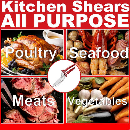 Heavy Duty Poultry Scissors - All Purpose Kitchen Shears for Chicken, Fish & Meat - Easily Separable, Dishwasher Safe (Red)