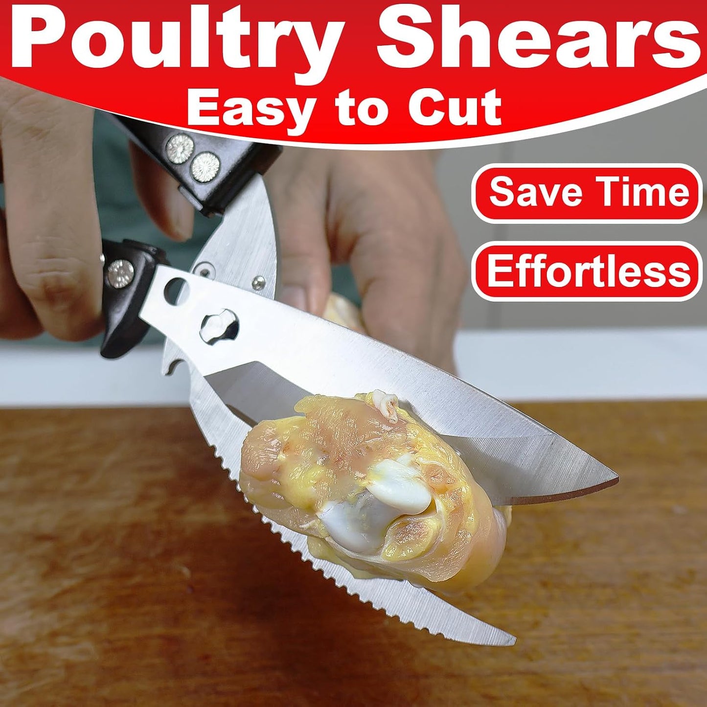 Heavy Duty Poultry Scissors - All Purpose Kitchen Shears for Chicken, Fish & Meat - Easily Separable, Dishwasher Safe (Red)