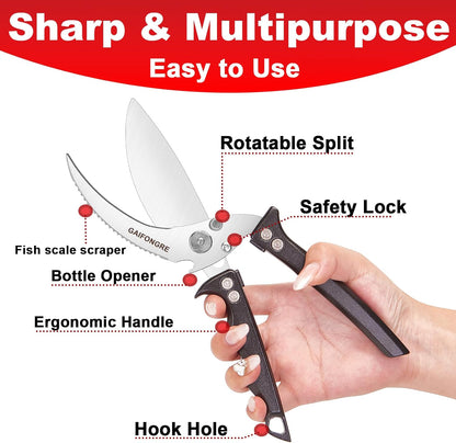 Heavy Duty Poultry Scissors - All Purpose Kitchen Shears for Chicken, Fish & Meat - Easily Separable, Dishwasher Safe (Red)