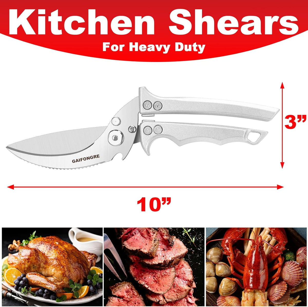 Heavy Duty Poultry Scissors - All Purpose Kitchen Shears for Chicken, Fish & Meat - Easily Separable, Dishwasher Safe (Red)