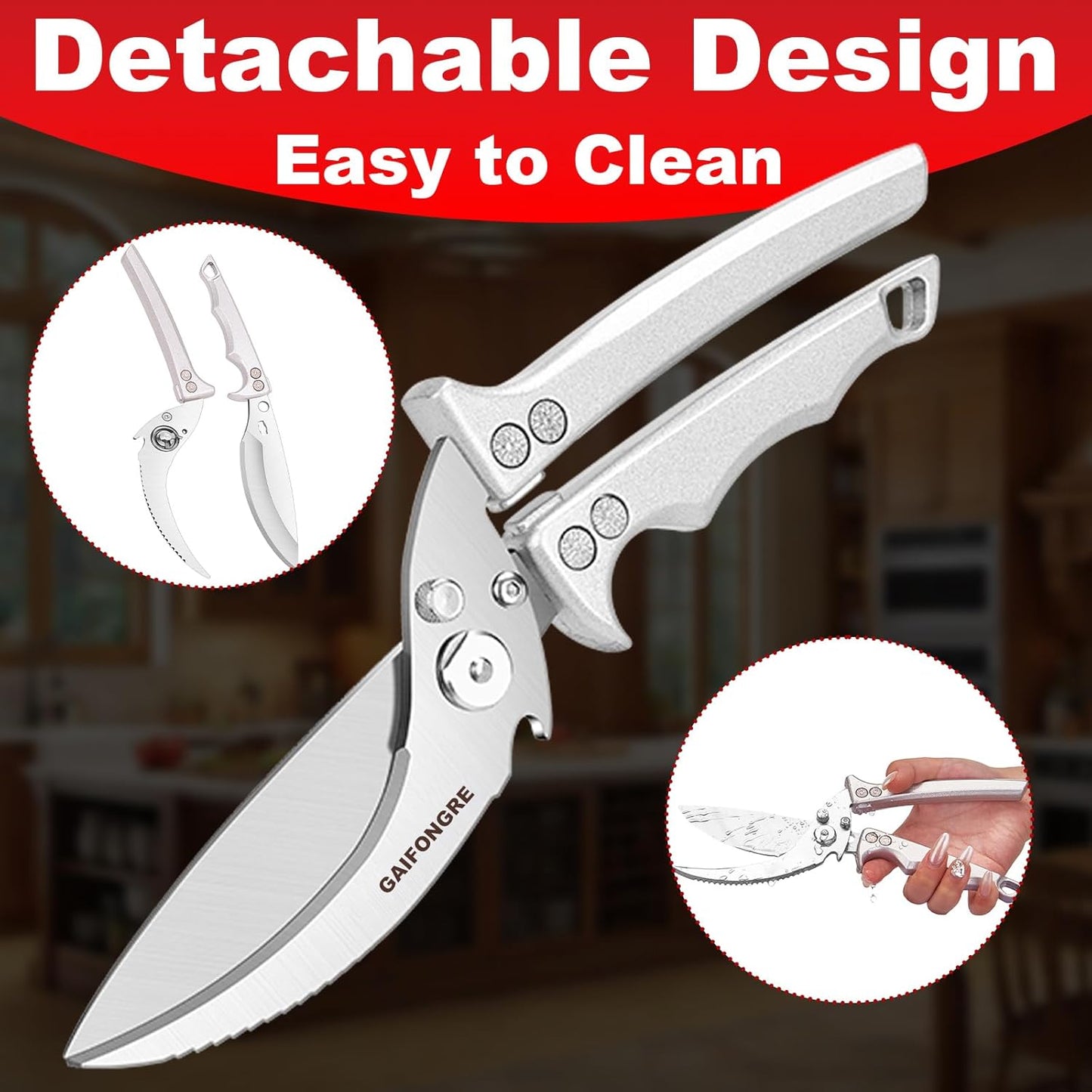 Heavy Duty Poultry Scissors - All Purpose Kitchen Shears for Chicken, Fish & Meat - Easily Separable, Dishwasher Safe (Red)