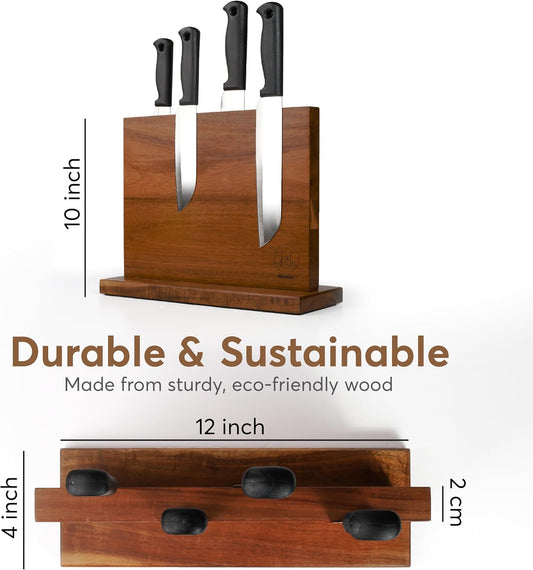Magnetic Knife Block, 12 x 10 Inches – Strong Double-Sided Magnetic Knife Holder, Acacia Wood Knife Holder for Kitchen Counter, Multifunctional Storage for Home Kitchen (Brown)