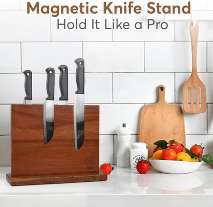 Magnetic Knife Block, 12 x 10 Inches – Strong Double-Sided Magnetic Knife Holder, Acacia Wood Knife Holder for Kitchen Counter, Multifunctional Storage for Home Kitchen (Brown)