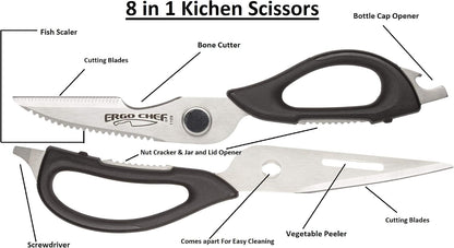 All-Purpose Come-Apart Kitchen Shears for Poultry, Fish, Vegetables, Herb Stripper, Bottle Opener (Black)
