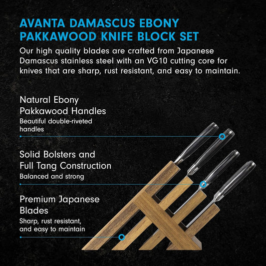 Avanta Damascus 10-Piece Ebony Pakkawood Knife Block Set - Japanese Damascus Stainless Steel - 4 Speciality Knives, Heavy-Weight Fork, 4 Steak Knives & Magnetic Knife Block