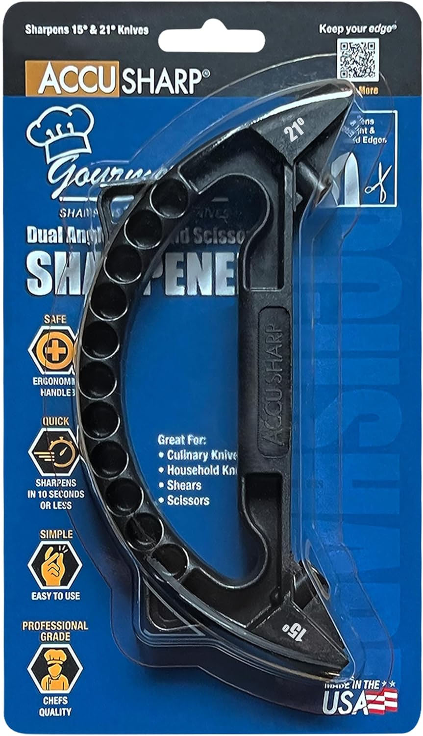 AccuSharp Gourmet Series, 15 & 21 Degree Dual Angle Knife and Scissors Sharpener, Diamond-Honed Tungsten Carbide Reversible Blades, Sharpens & Restores Serrated Knives
