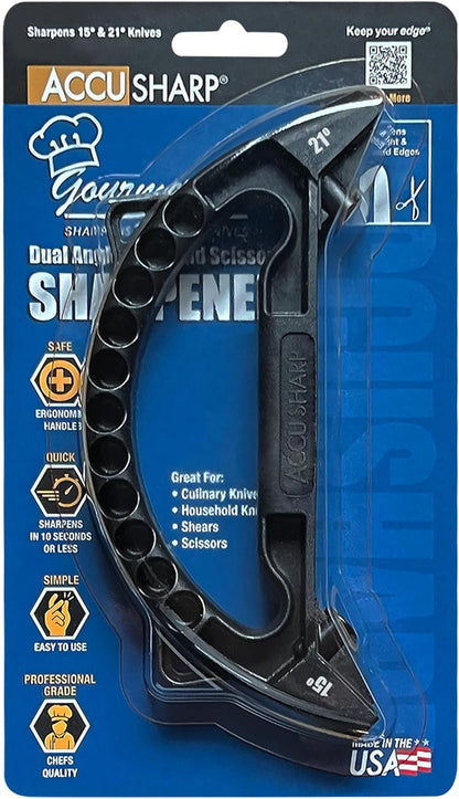 AccuSharp Gourmet Series, 15 & 21 Degree Dual Angle Knife and Scissors Sharpener, Diamond-Honed Tungsten Carbide Reversible Blades, Sharpens & Restores Serrated Knives