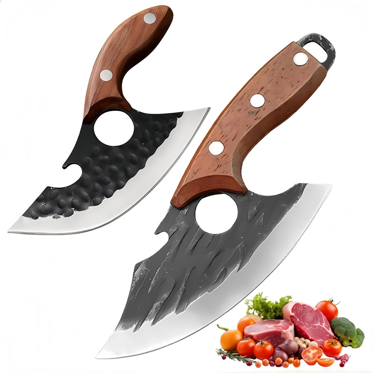 2PCS Hand Forged Viking Boning Knife Set, High Carbon Steel Ulu Knife with Sheath, Viking-Style Cleaver & Pizza Cutter for Meat, Kitchen Knives for Meat Trimming, BBQ, Camping, Fish Filleting