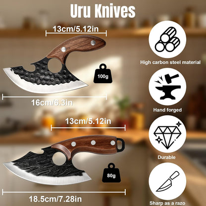 2PCS Hand Forged Viking Boning Knife Set, High Carbon Steel Ulu Knife with Sheath, Viking-Style Cleaver & Pizza Cutter for Meat, Kitchen Knives for Meat Trimming, BBQ, Camping, Fish Filleting