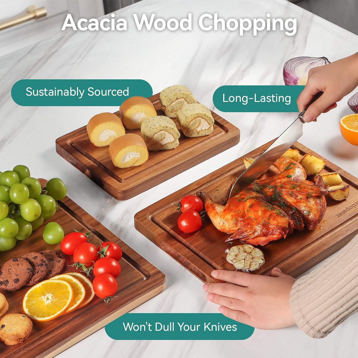 Acacia Wood Cutting Board Set of 3, Solid Wood Cutting Board with Holder, Deep Juice Grooves & Built-in Handles, Durable Wooden Chopping Board Set for Meat, Vegetables, Cheese, Kitchen Prep